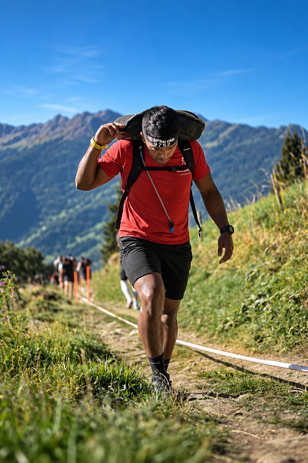 Rafael gravit un sentier de montagne avec une charge sur les épaules.